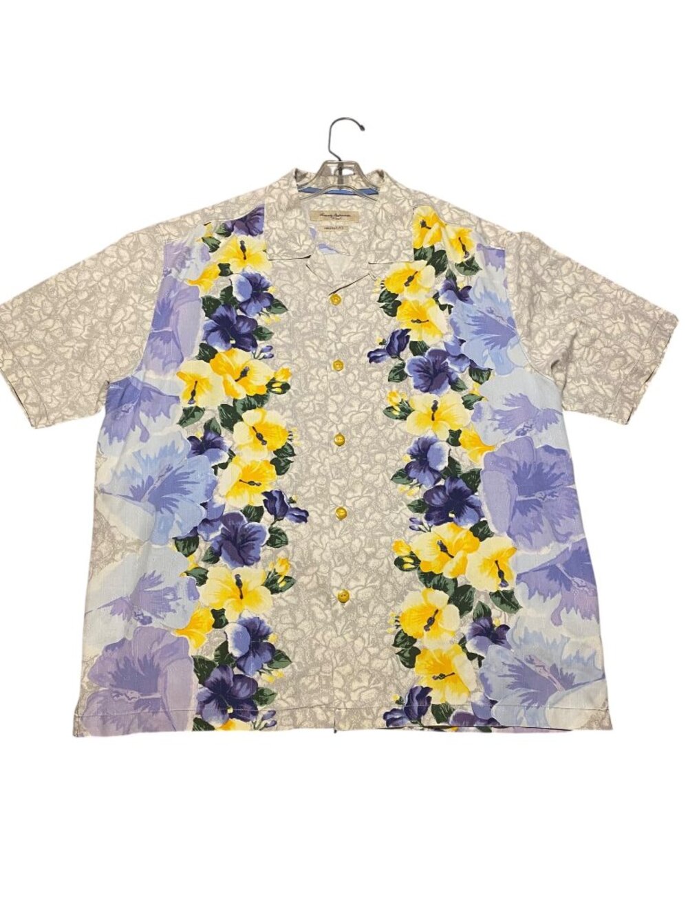 Tommy Bahamas Silk Tropical Purple Iris Floral Button Up Shirt Dad Core Size XL
